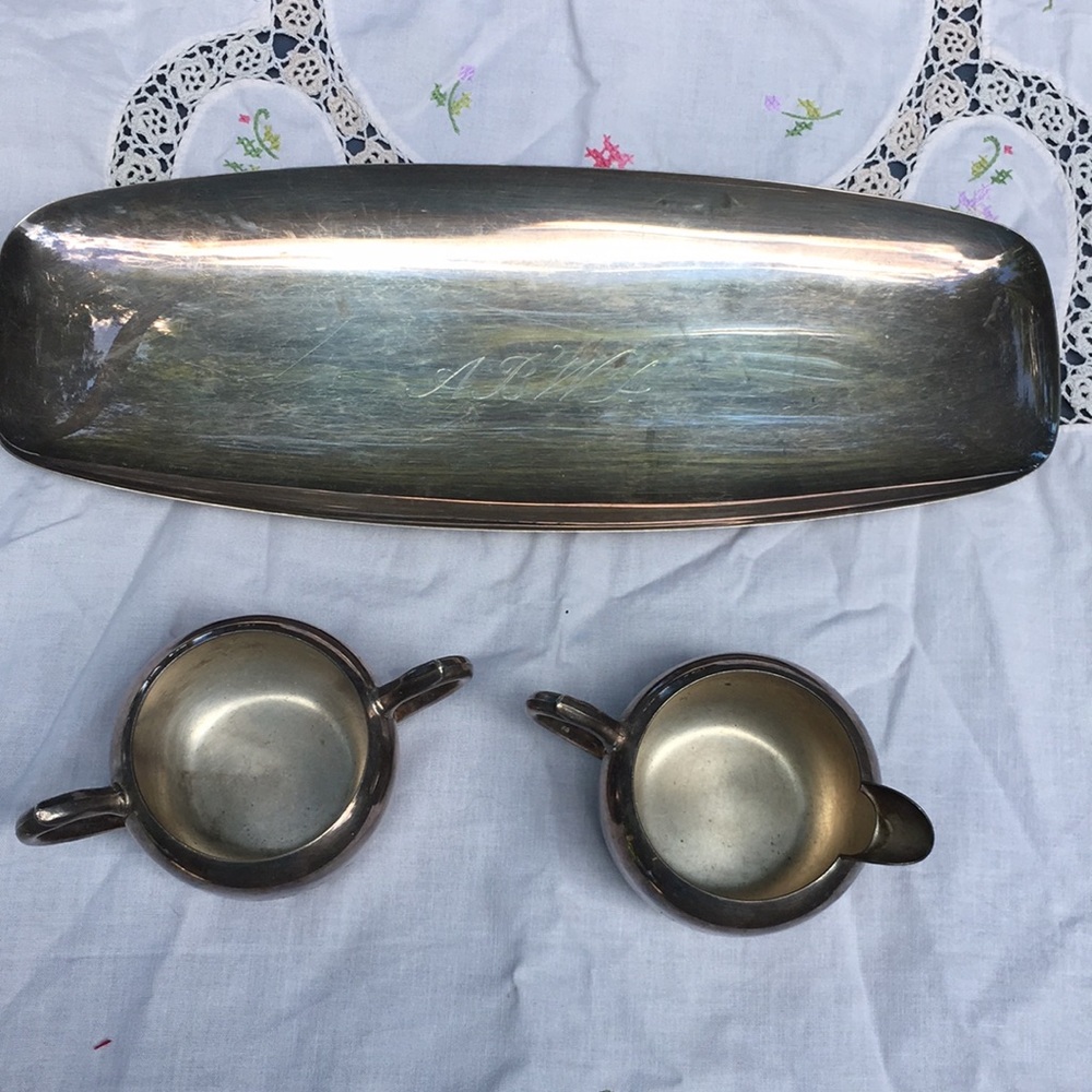 Creamer and sugar with tray, silver